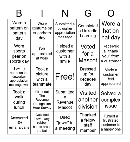 Revenue Customer Service Appreciation Week Bingo Card