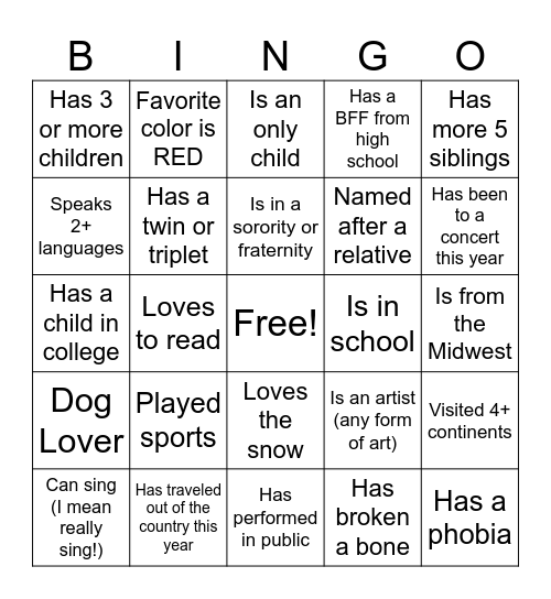 NNH New Hire Get To Know You! Bingo Card