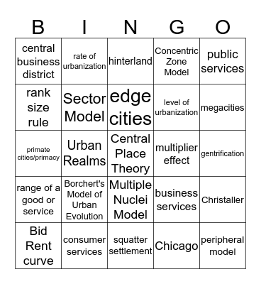 Models in Cities and Urban Land Use Bingo Card