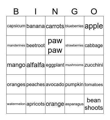 Fruit & Vegetable Bingo! Bingo Card