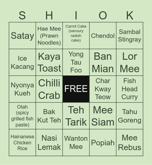 Iconic SG Dishes Bingo Card