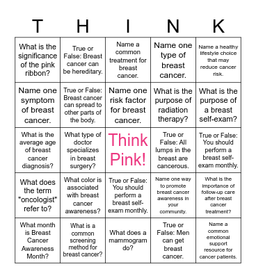 THINK PINK BREAST CANCER AWARENESS BINGO Card