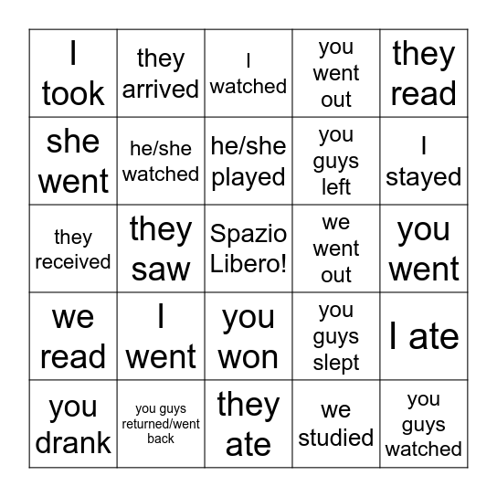 Passato Prossimo Bingo Card