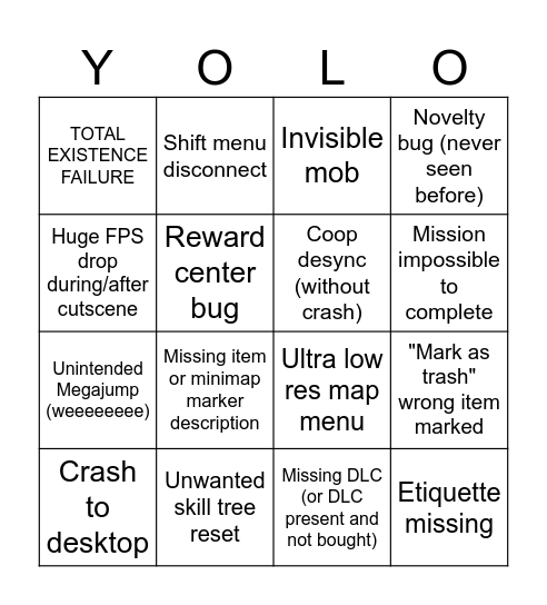 Bugderlands 4 Bingo Card