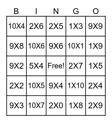 Multiplication Bingo Card