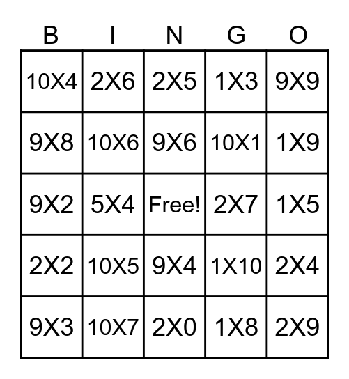 Multiplication Bingo Card