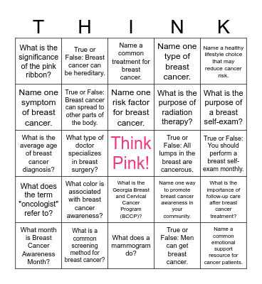 THINK PINK BREAST CANCER AWARENESS BINGO Card