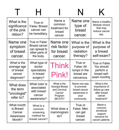 THINK PINK BREAST CANCER AWARENESS BINGO Card