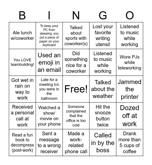 Workplace Bingo Card