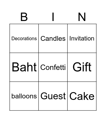 Birthday PArty Bingo Card