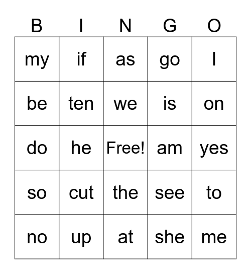 Kinder Sight Words Bingo Card