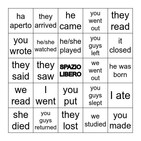 Passato Prossimo Bingo Card