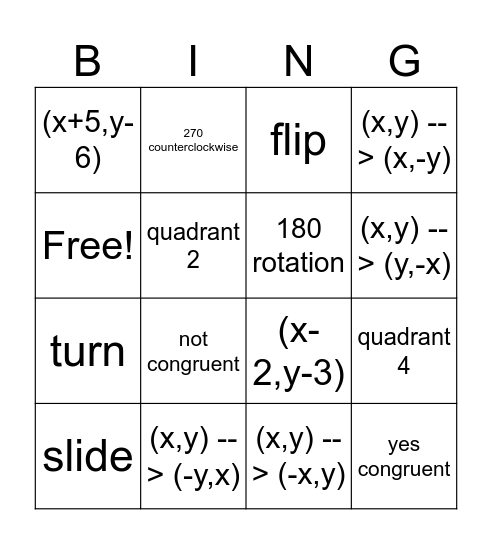 Transformations Bingo Card