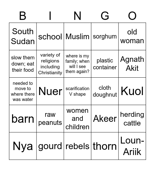 A Long Walk to Water Bingo Card