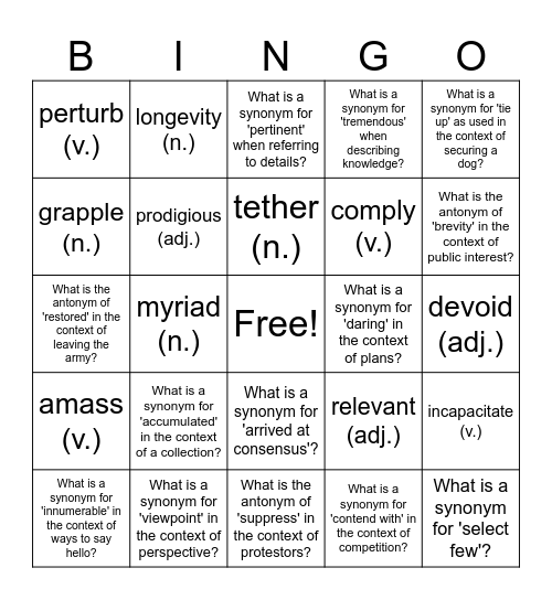 Sadlier Vocabulary Workshop Lvl C U3 Bingo Card