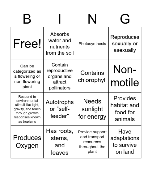 Plant Characteristics Bingo Card