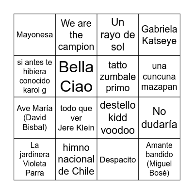 Bingo Musical Bingo Card