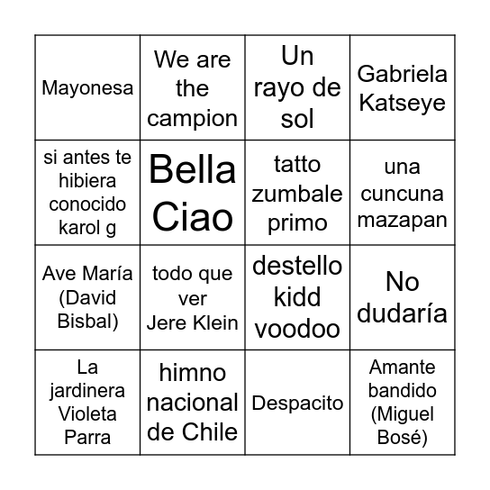 Bingo Musical Bingo Card