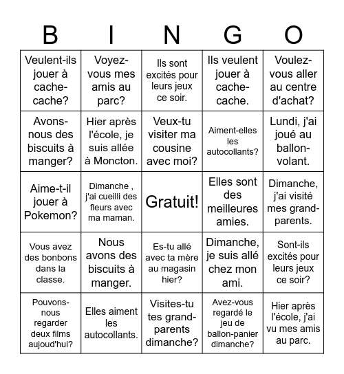 Bingo #1: Questions, verbes, et temps Bingo Card