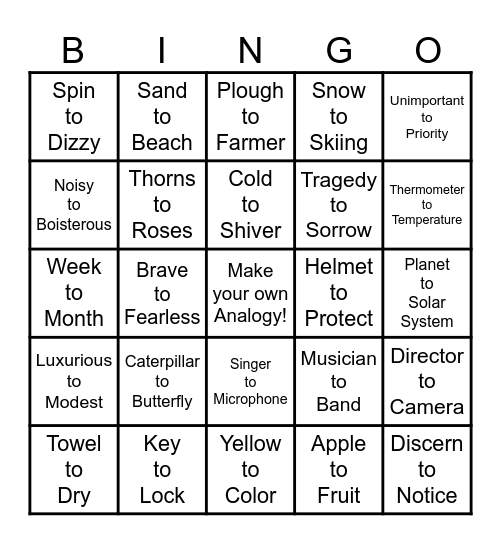Analogies Bingo Card