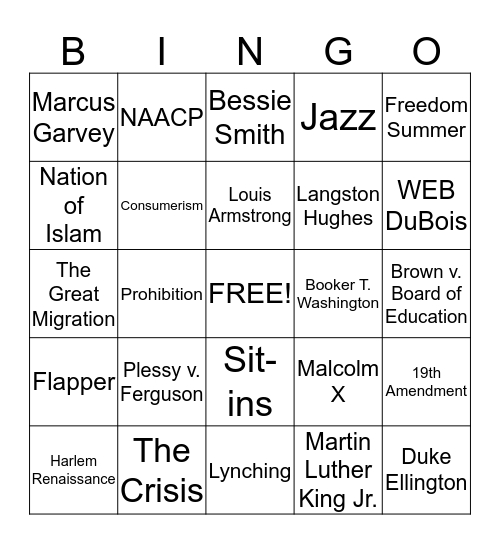 20th Century Black Experience Bingo Card