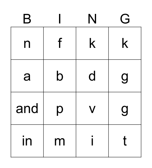 Kindergarten List 1 & 2 Bingo Card