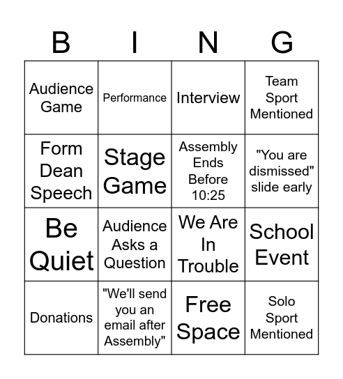 Assembly Bingo ID:463812921 Bingo Card