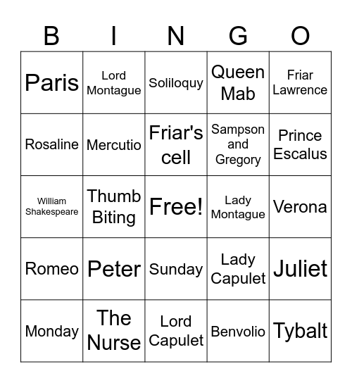 Romeo and Juliet Bingo Card