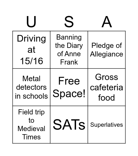 Really Very American Things Bingo Card