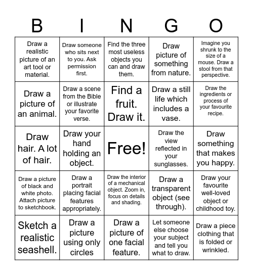 Sketchbook Drawing Bingo Card