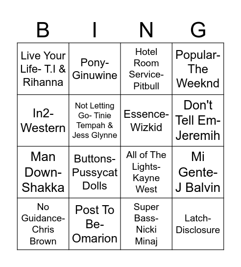 White Gyal Madness Bingo Card