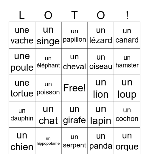 Les Animaux Bingo Card