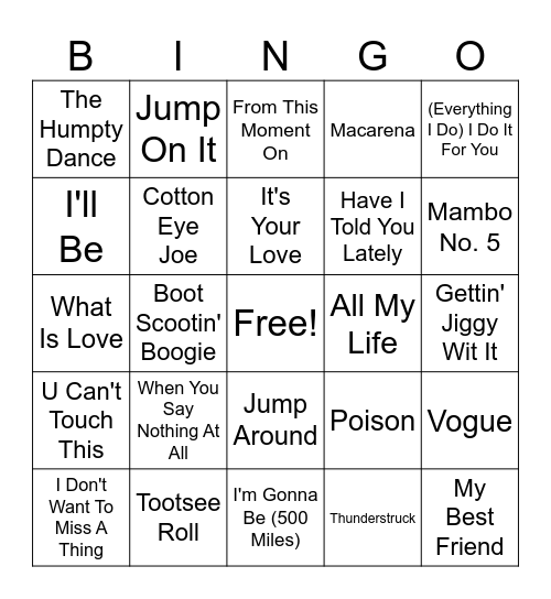 90's Music - Round 1 Bingo Card