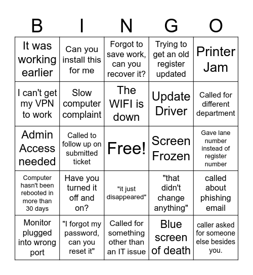 IT Help Desk BINGO Card