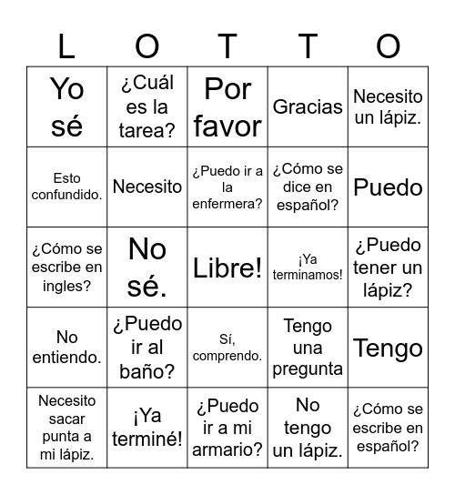 Las frases útiles Bingo Card