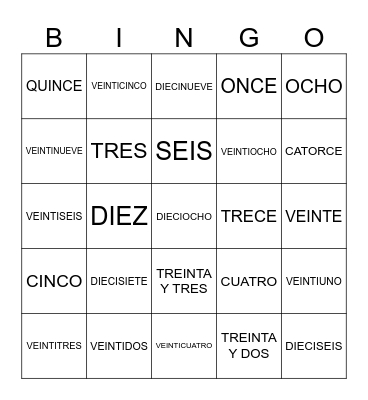 NUMEROS PALABRAS Bingo Card