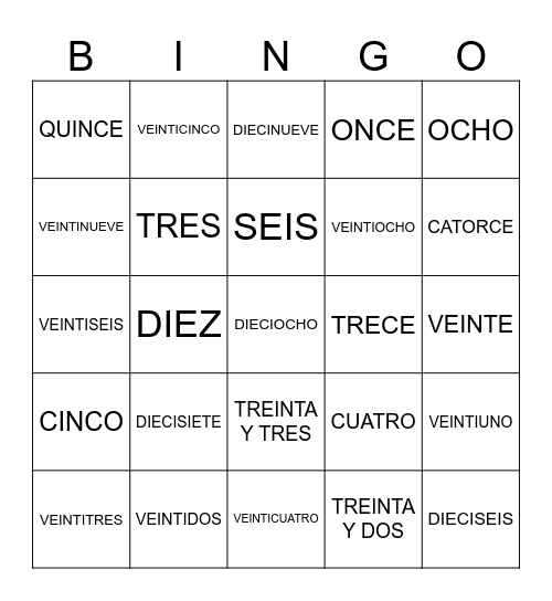NUMEROS PALABRAS Bingo Card