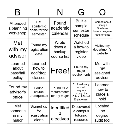 Advising Bingo Card