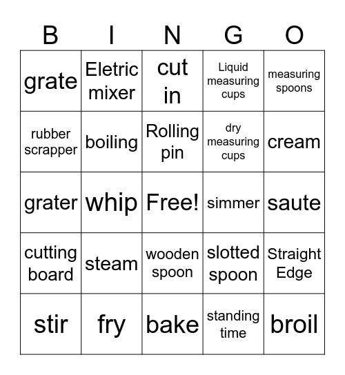 Kitchen Tools and Cookery Terms Bingo Card