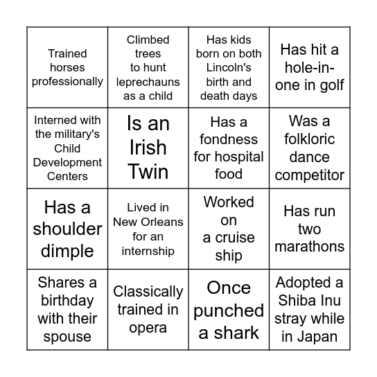 PLA Icebreaker Bingo Card