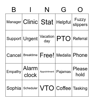 Pajama Day Bingo Card