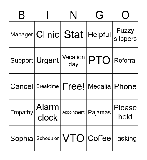 Pajama Day Bingo Card
