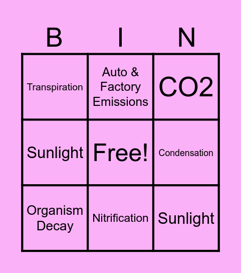 Nature Cycle Games Bingo Card