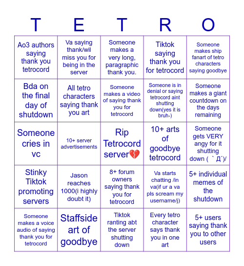 Tetro's final goodbye shutdown bingo Card