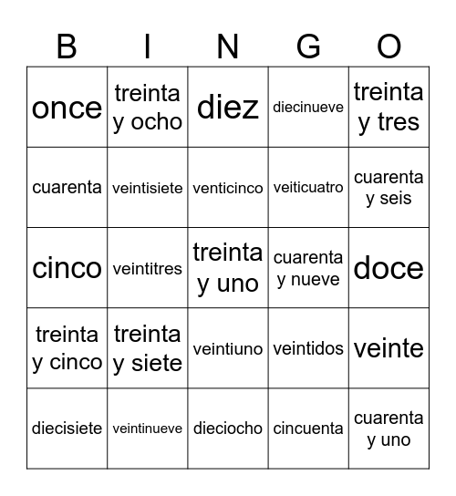 NUMEROS Bingo Card