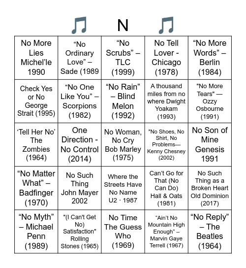 no-way-songs-with-the-word-no-in-the-title-bingo-card