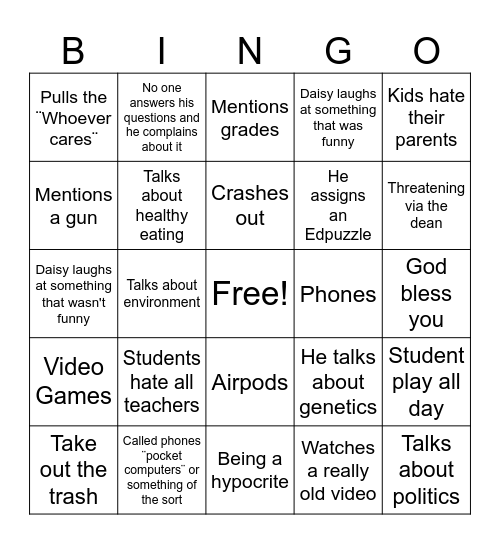 Mr. Feralli Unofficial Bingo Car Bingo Card