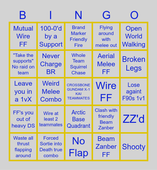 Crossbone Gundam X-1 Kai Teammate Bingo Card