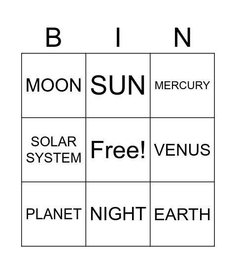 SPACE Bingo Card