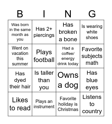 Get to know you bingo Card
